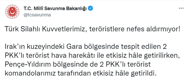 Son dakika... Irak'ın kuzeyinde 4 PKK'lı terörist etkisiz hale getirildi