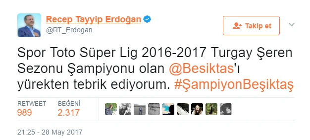 Şampiyon Beşiktaş'a ilk tebrik Cumhurbaşkanı Erdoğan'dan