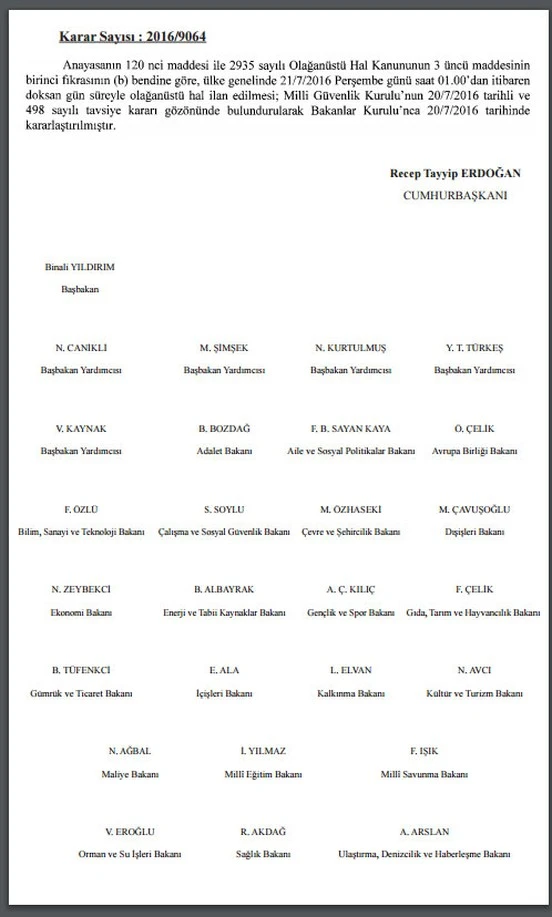 Olağanüstü Hal Kararı Resmi Gazete'de Yayınlandı