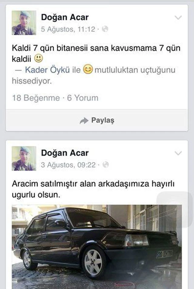 Şehit Doğan Acar'ın yürek yakan paylaşımı