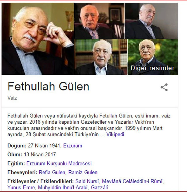 Google, Fethullah Gülen için "ölüm tarihi" belirledi: 13 Nisan 2017