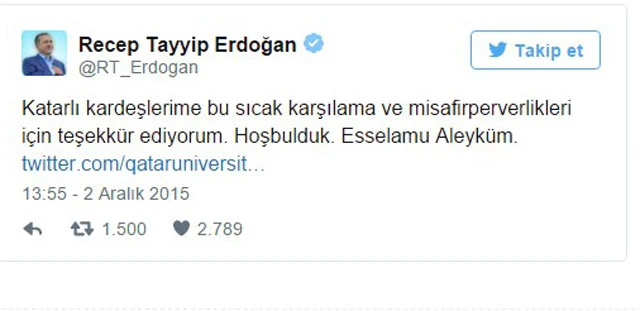 Erdoğan Twitter'dan özel teşekkür etti