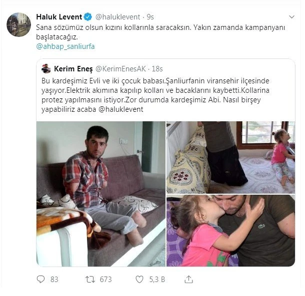 Haluk Levent'ten kollarını ve bacaklarını kaybeden babaya yardım eli