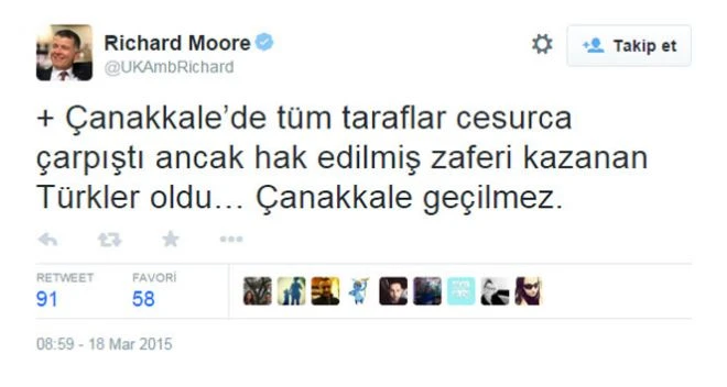 İngiliz elçiden 'Çanakkale' tweeti, Zaferi Türkler haketti!