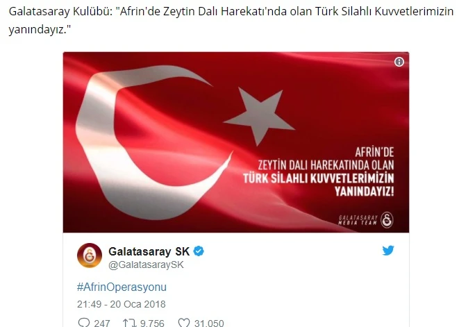 Süper Lig kulüplerinden Zeytin Dalı Harekatı'na destek