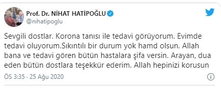 Nihat Hatipoğlu’ndan koronavirüs açıklaması: Tedavi görüyorum