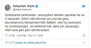 İçişleri Bakanı Soylu, şehit kaymakam Muhammet Fatih Safitürk'ü andı