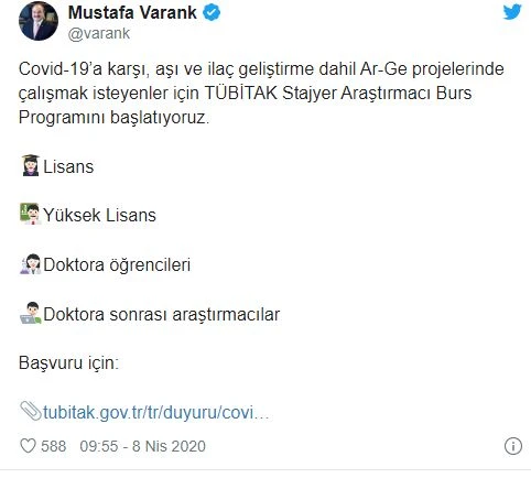 Bakan Varank: TÜBİTAK Stajyer Araştırmacı Burs Programını başlatıyoruz