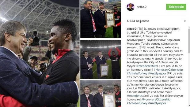 Samuel Eto'o'dan onursal hemşehrilik beratına üç dilde teşekkür