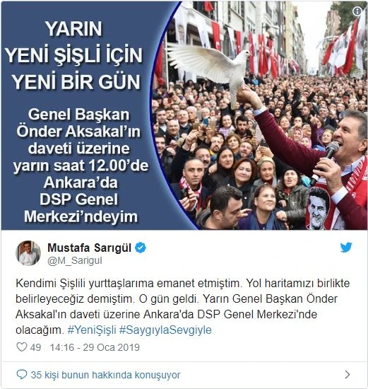 CHP'den istifa eden Sarıgül, yarın DSP Genel Başkanı ile görüşecek