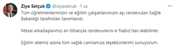 Tüm öğretmen ve eğitim çalışanlarının aşı randevuları tanımlandı