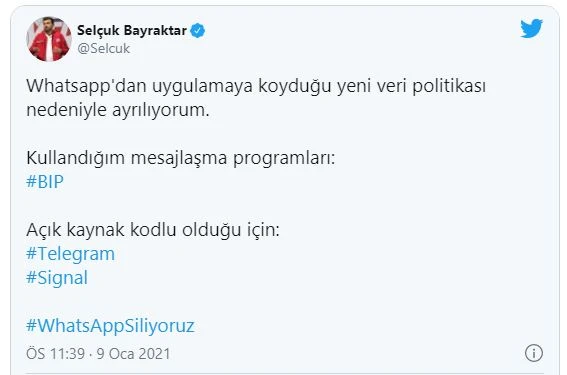 Selçuk Bayraktar'dan WhatsApp kampanyasına destek