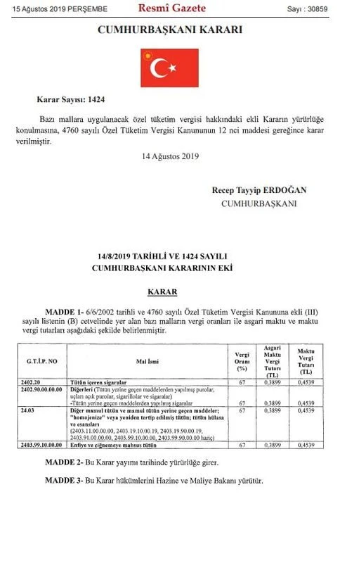 Tütün ürünlerinde ÖTV düzenlemesi