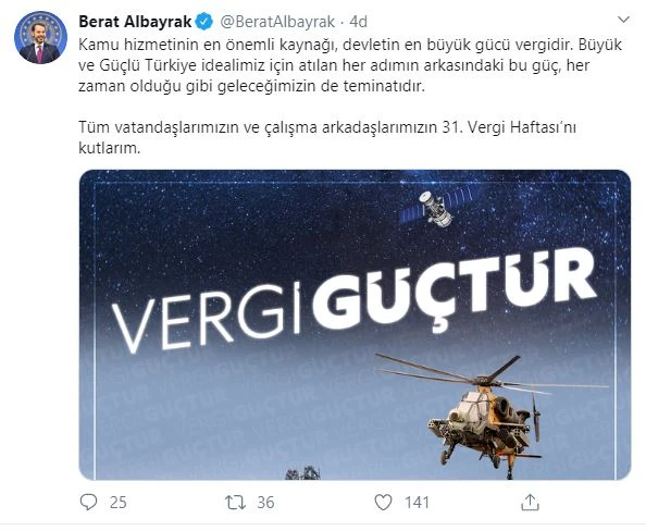 Hazine ve Maliye Bakanı Berat Albayrak'tan 'Vergi Haftası' paylaşımı