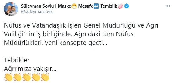 Bakan Soylu: Ağrı'daki tüm Nüfus Müdürlükleri yeni konsepte geçti