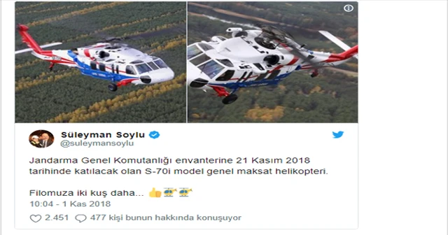 Bakan Soylu duyurdu: Jandarma envanterine 21 Kasım'da iki yeni helikopter katılıyor