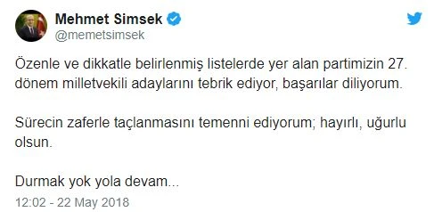 Mehmet Şimşek'ten 27. dönem milletvekili adaylarına tebrik ve başarı dileği