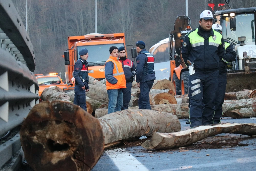 TEM'de kaza! Tırdaki tomruklar yola savruldu: 2 yaralı