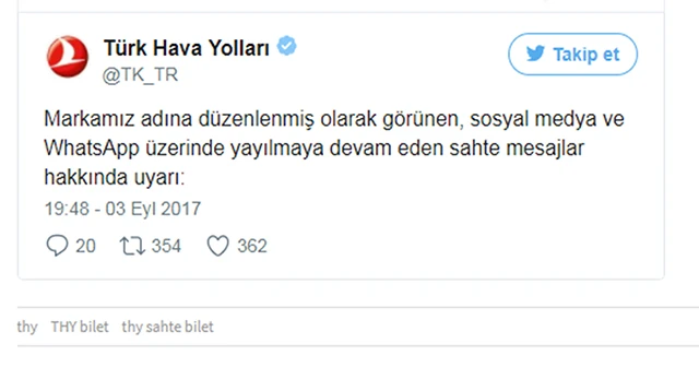 THY'den uyarı 'Gelen mesajı açmadan silin'