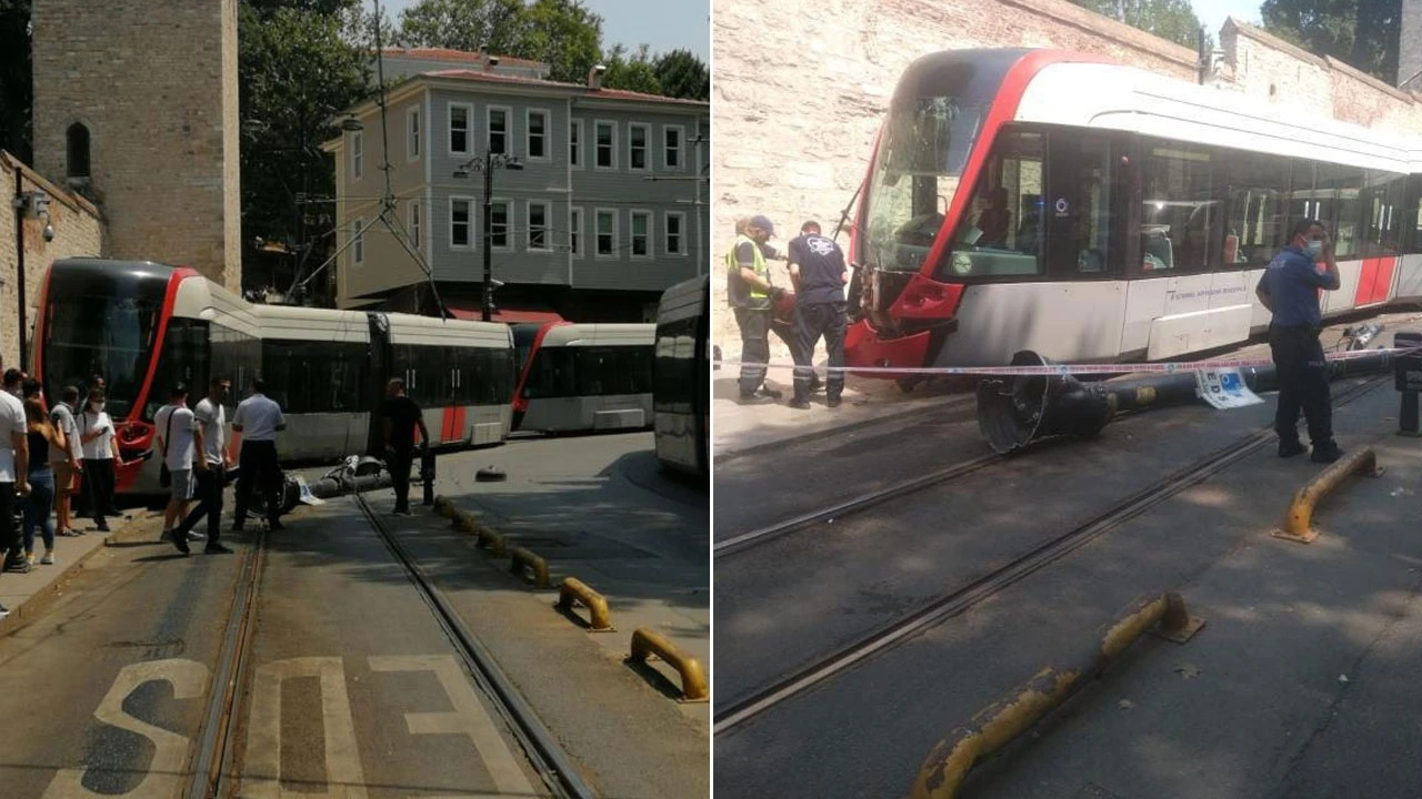 Tramvay raydan çıktı, elektrik direğine çarptı