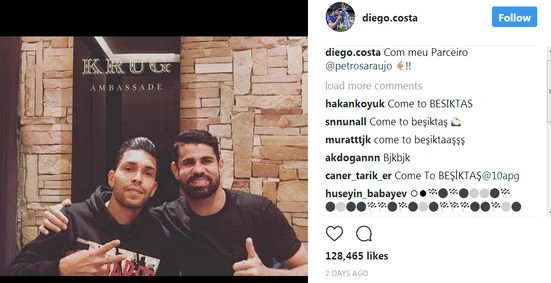 Diego Costa, Beşiktaş'ın paylaşımını beğendi