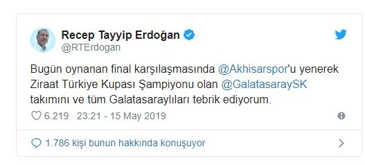 Cumhurbaşkanı Erdoğan'dan Galatasaray'a Ziraat Türkiye Kupası tebriği