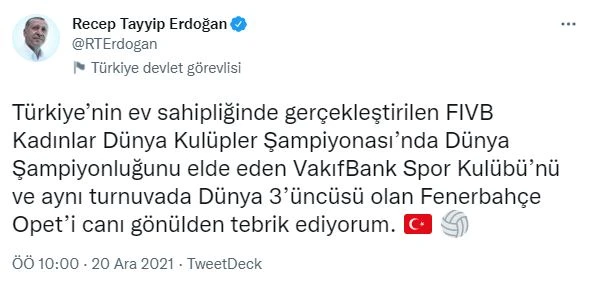 Son dakika: Cumhurbaşkanı Erdoğan'dan VakıfBank'a tebrik