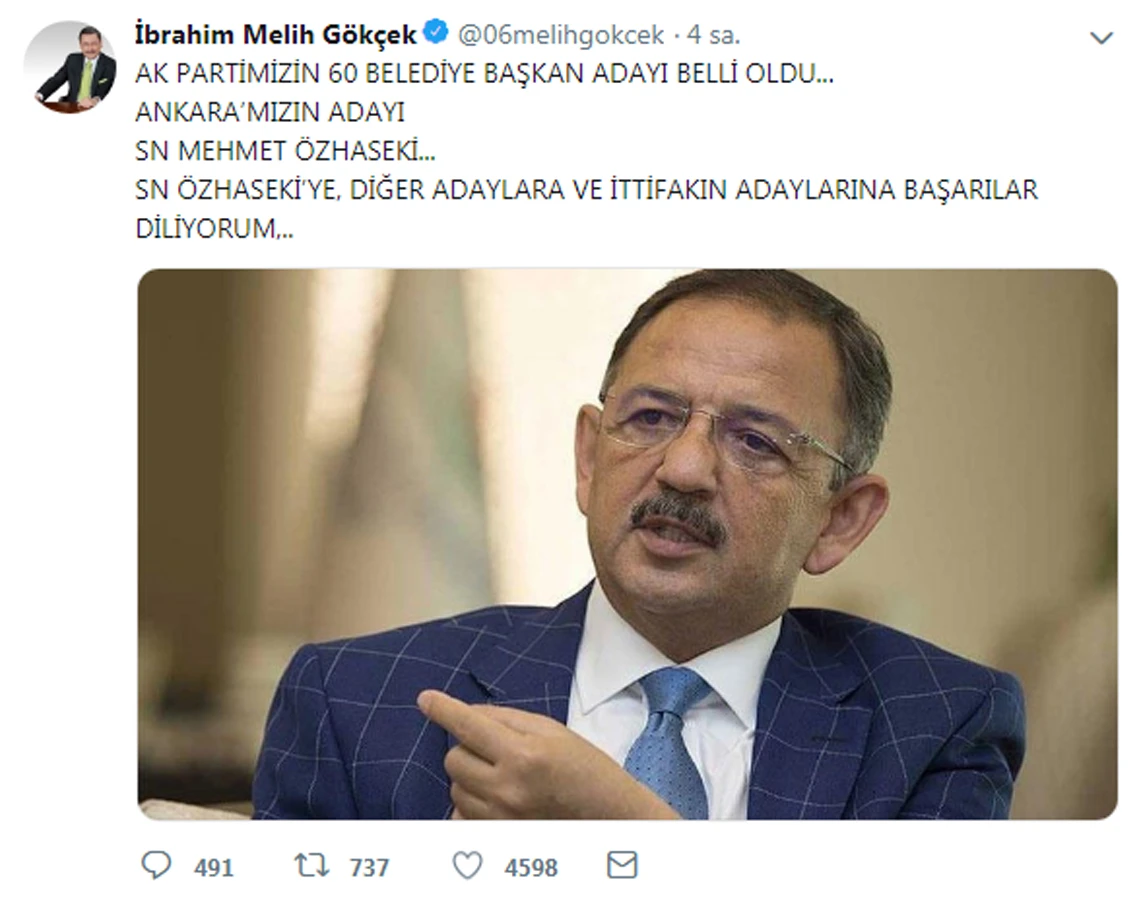 Melih Gökçek'ten 'Ankara' paylaşımı!