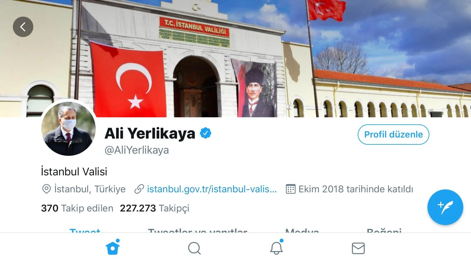 İstanbul valisi ali yerlikaya, koronavirüs farkındalığı için twitter profiline maskeli fotoğrafını ekledi
