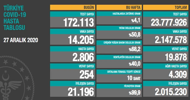 Türkiye’de son 24 saatte 14.205 yeni vaka tespit edildi, 254 kişi hayatını kaybetti