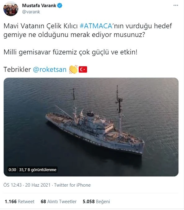 Bakan Varank paylaştı: Atmaca’nın vurduğu gemi bu hale geldi