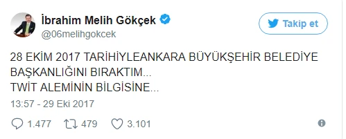 Melih Gökçek'ten istifa sonrası ilk tweet: "28 Ekim tarihiyle bıraktım"