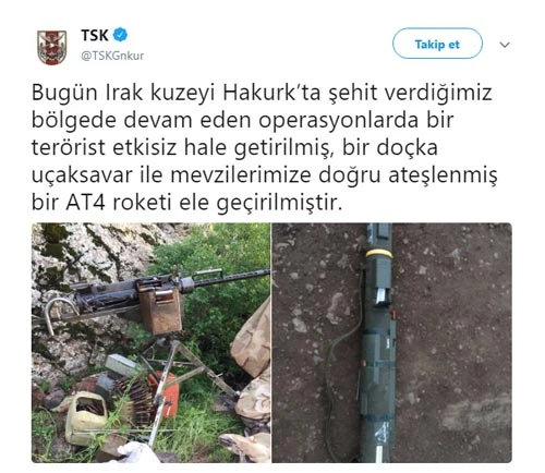 TSK Twitter'dan paylaştı! 1 terörist öldürüldü