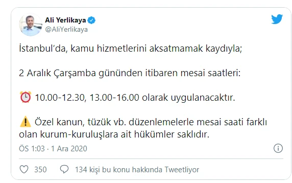 İstanbul'da yeni mesai saatleri açıklandı: 2 Aralık'tan itibaren geçerli