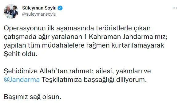 Son dakika! Bakan Soylu acı haberi duyurdu: 1 şehidimiz var