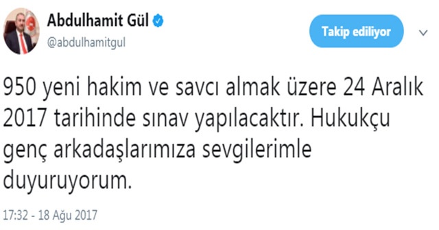 Bakan Gül: &quot;950 yeni hakim ve savcı almak üzere 24 Aralık 2017 tarihinde sınav yapılacak&quot;