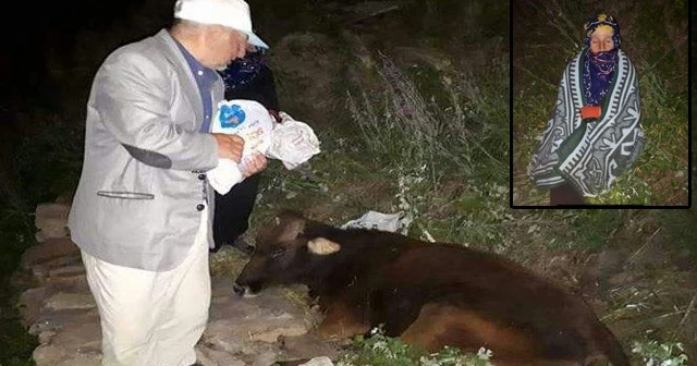 Yaşlı kadın, uçuruma düşen ineğinin kurtarılmasını battaniyeye sarılarak bekledi