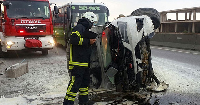 Otomobil, otobüse çarpıp takla attı