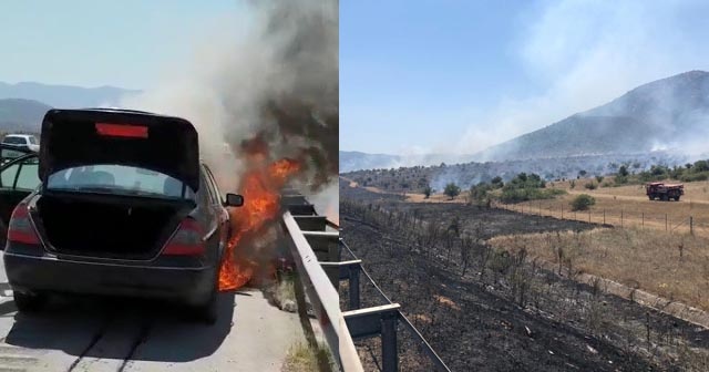 Lüks araçtan sıçrayan kıvılcımlar makilik alanı yaktı