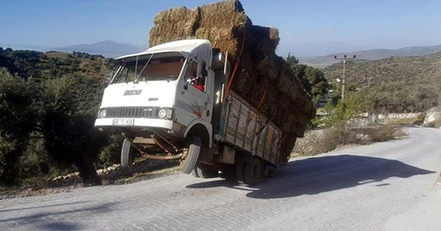 Aydın&#039;da rampa çıkan kamyon iki tekerlek üzerinde kaldı