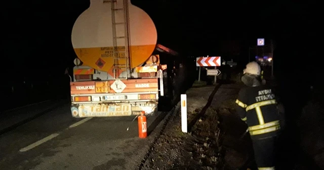 Aydın&#039;da seyir halindeki petrol tankerinin lastiğinde çıkan yangın söndürüldü