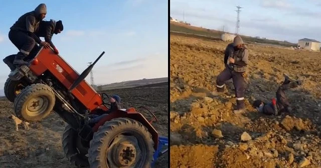 Şaha kalkan traktör 2 kişiyi üzerinden fırlattı