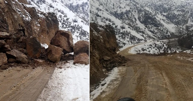 Heyelan sonrası yolu kapatan dev kayalar temizlendi