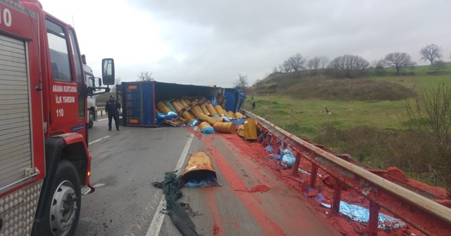 TIR devrildi! Kara yolu salça tarlasına döndü