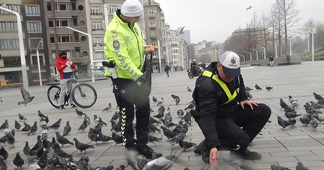 Taksim’de aç kalan güvercinleri trafik polisleri besledi