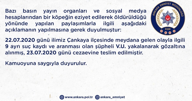 Ankara’da köpeğe eziyet ederek öldüren zanlı tutuklandı