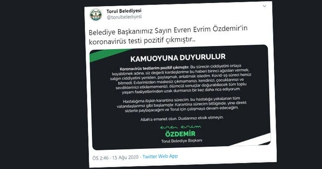 Torul Belediye Başkanı Özdemir'den "Koronavirüse yakalandım" paylaşımı