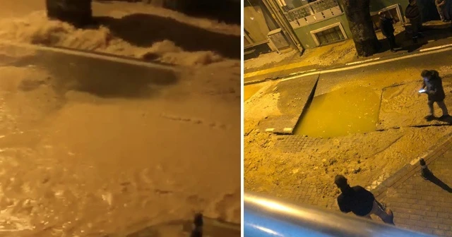Su borusu patladı, yol çöktü