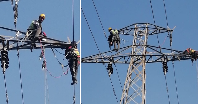 Yüksek gerilim hattı çalışanlarının zorlu mesaisi