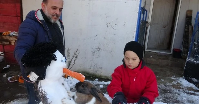 Kardan adamın havuçtan burnunu yiyen tavşan görenleri gülümsetti